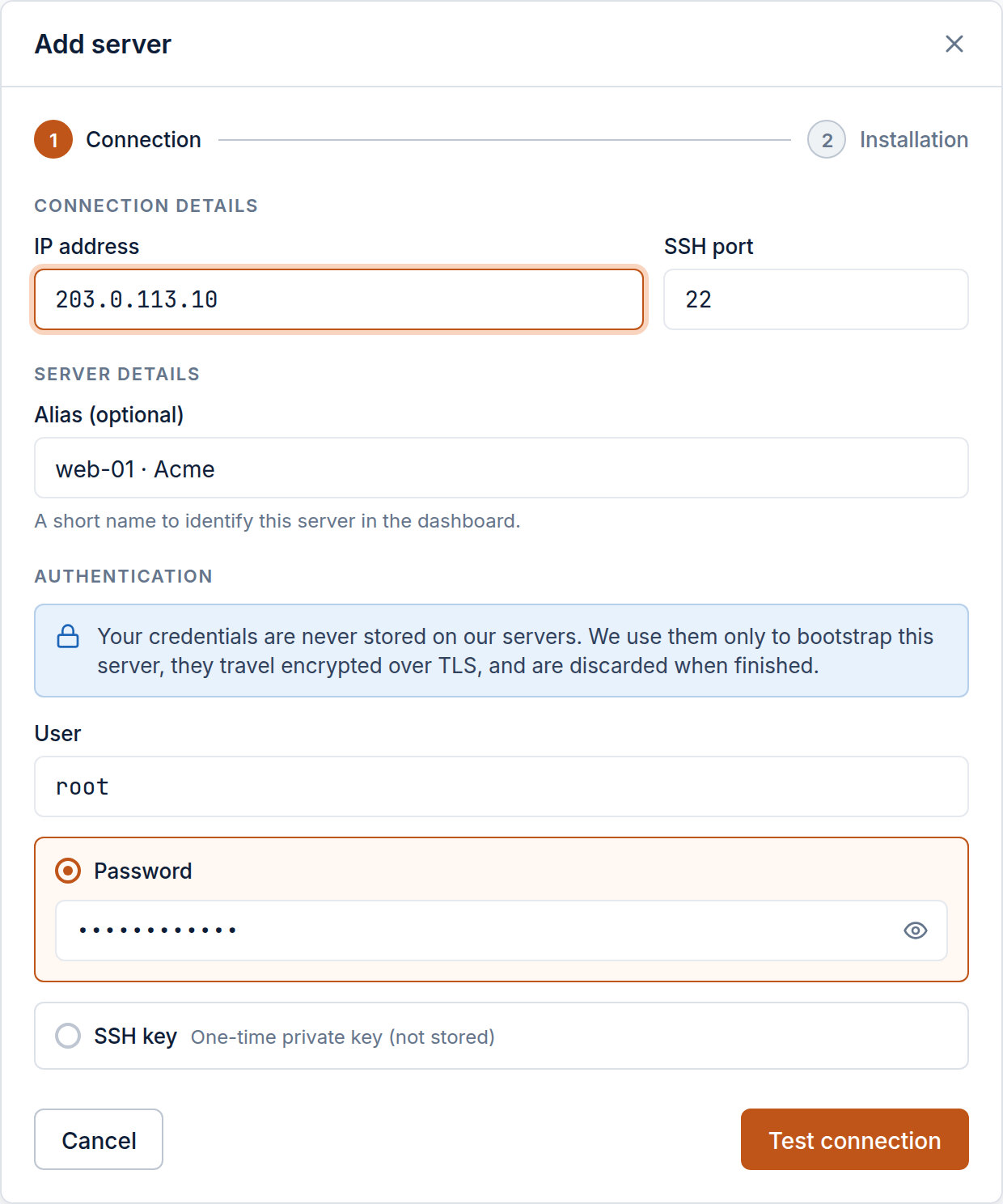 The "Add server" wizard, "Connection" step: IP address (203.0.113.10) and SSH port (22) fields, an optional Alias ("web-01 · Acme"), and the Authentication section with a notice that credentials are never stored, the root user, and the Password (selected) and SSH key options. Below, the Cancel and Test connection buttons.