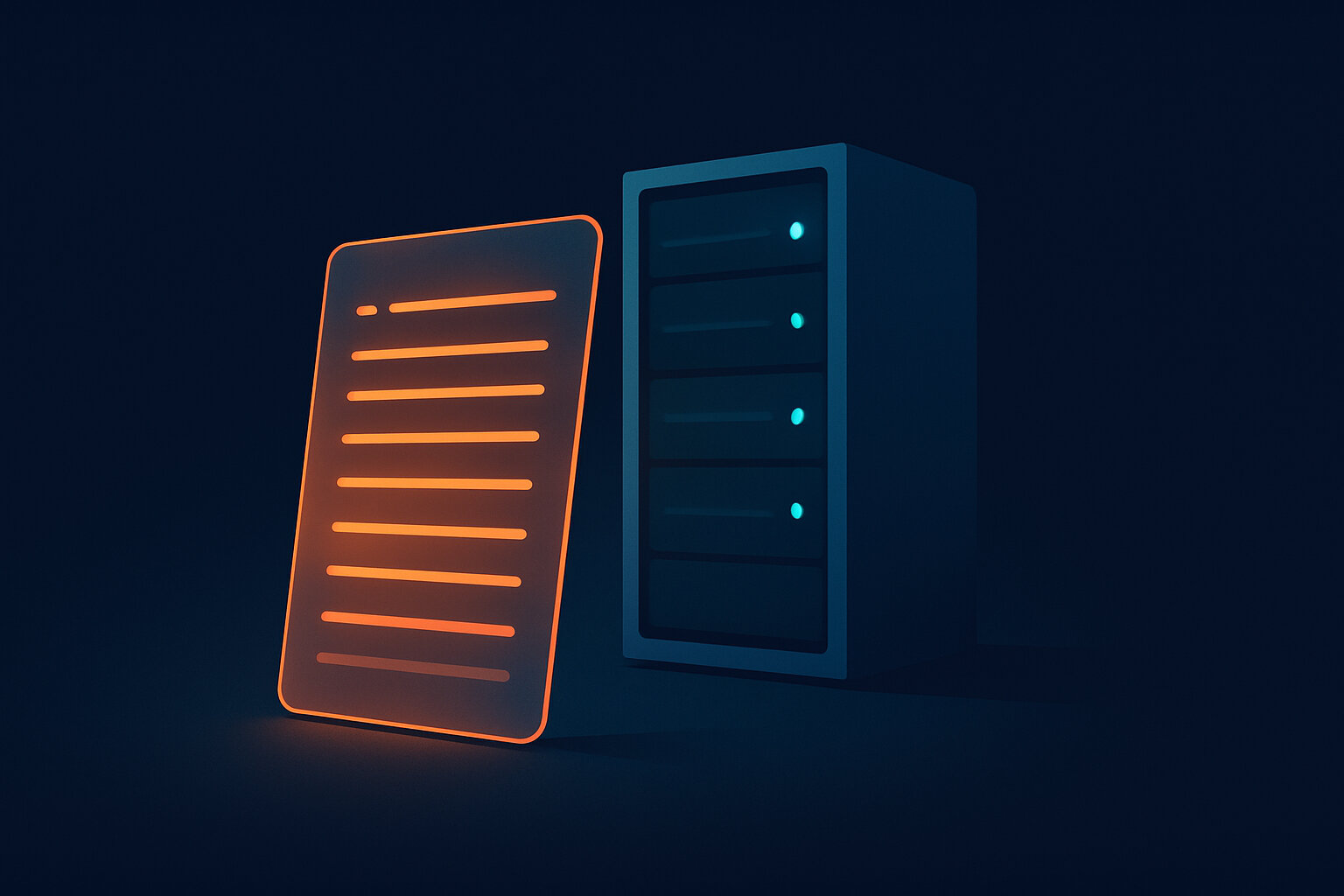 A glowing orange record standing in front of a cool, quiet server rack — a readable trail of what happened, presented to whoever is asking.