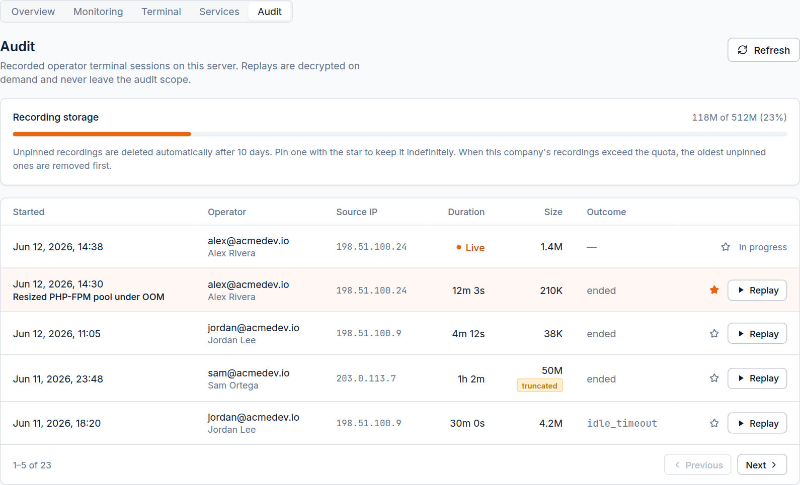 The Audit section of a server: recorded terminal sessions listed by operator, source IP, duration, size and outcome — a timestamped trail of who worked on this box and when.