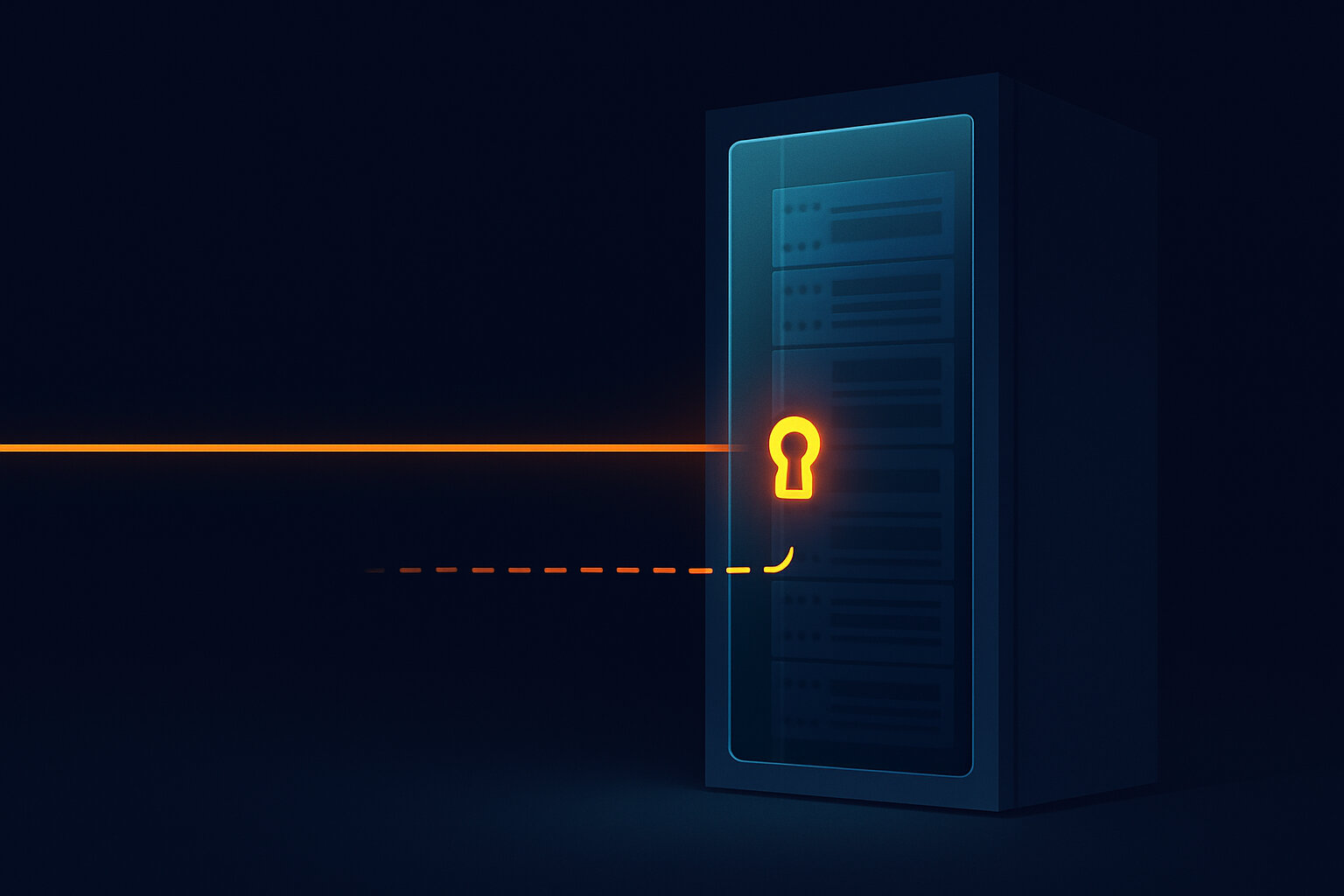 A server rack sealed behind a pane of glowing glass with a single lit keyhole, the world around it dark and empty. Two light paths reach the keyhole: a steady orange beam for everyday access and a dim dashed line held in reserve for emergencies.