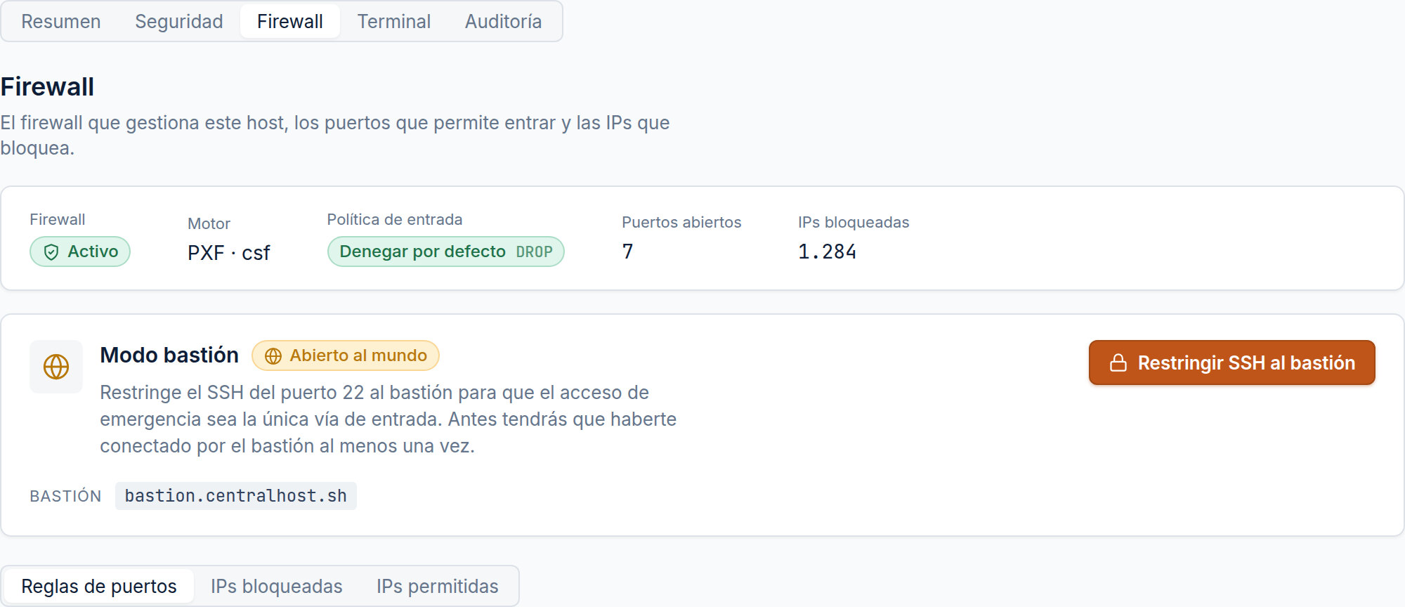 La sección Firewall: una cabecera de estado que muestra el firewall Activo, motor PXF · csf, entrada Denegar por defecto, 7 puertos abiertos, 1.284 IPs bloqueadas. Debajo, la tarjeta de Modo bastión, con el chip "Abierto al mundo", explicando que restringirá el SSH del puerto 22 al bastión, con un botón "Restringir SSH al bastión" y el host del bastión listado.