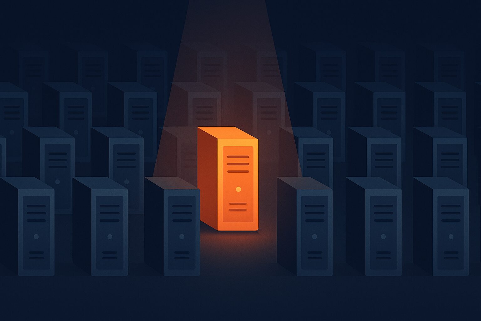 One server glowing apart from a dim grid of identical racks — finding the right host in a fleet.