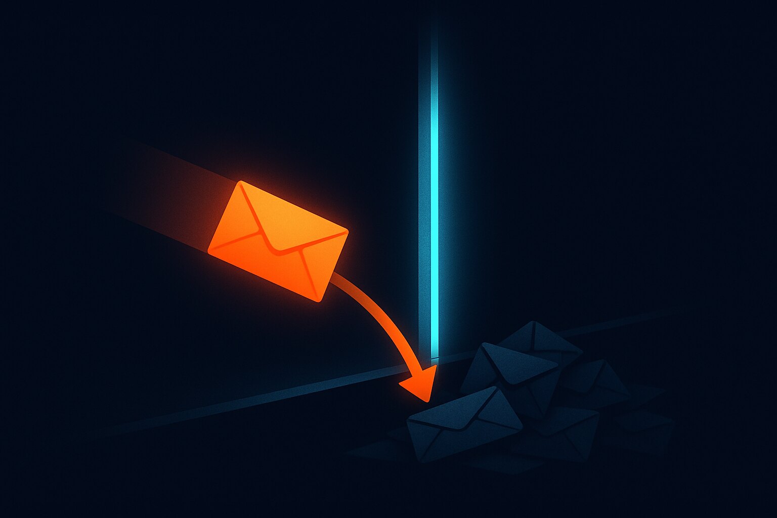 A glowing orange envelope deflected by a gate of cold light down into a pile of dim, discarded envelopes — legitimate mail wrongly filtered into spam.