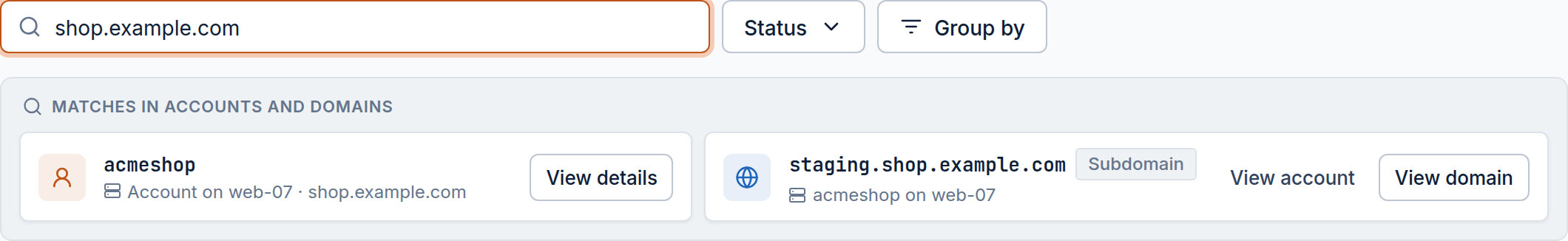 Fleet search resolving a domain: typing shop.example.com surfaces the owning account acmeshop on web-07, plus a matching subdomain — each with a deep link into the host.