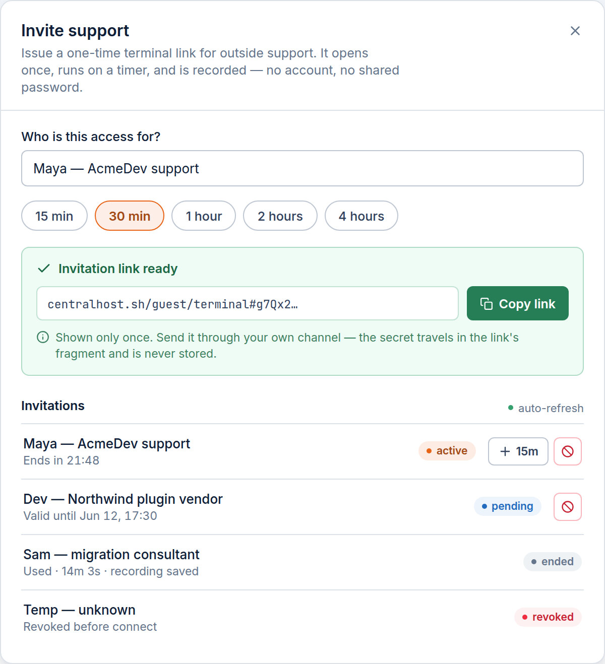 The "Invite support" dialog on a server's Terminal section: a short form asking who the access is for and a session length, an issued one-time link shown once with a copy button, and below it a list of past and active invitations with status chips, a live countdown, and extend / revoke controls.