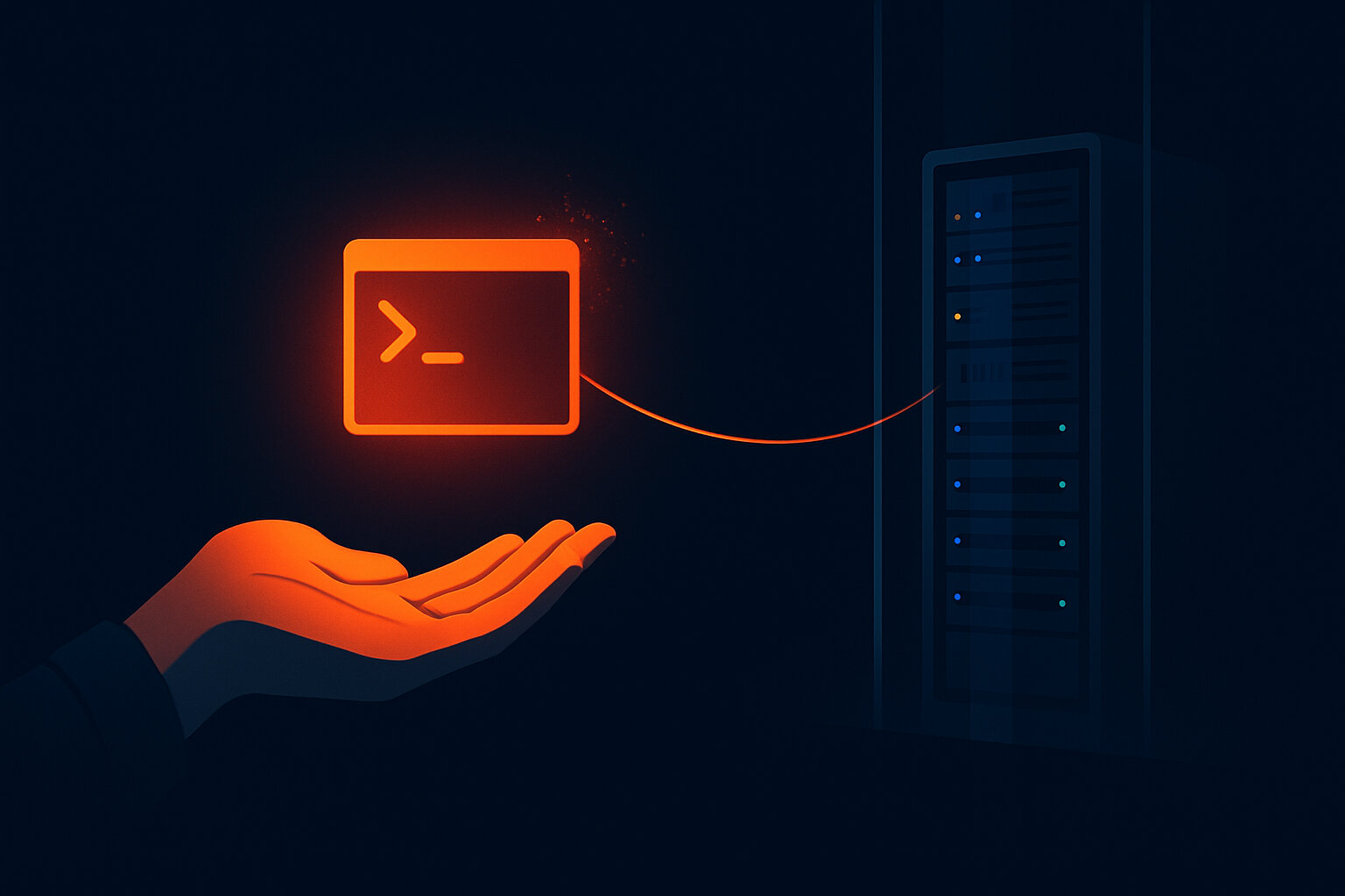 A warm-orange terminal window held out across a gap toward an open hand, tethered by a single thread of light — temporary access to a server that stays cool and walled off behind it.