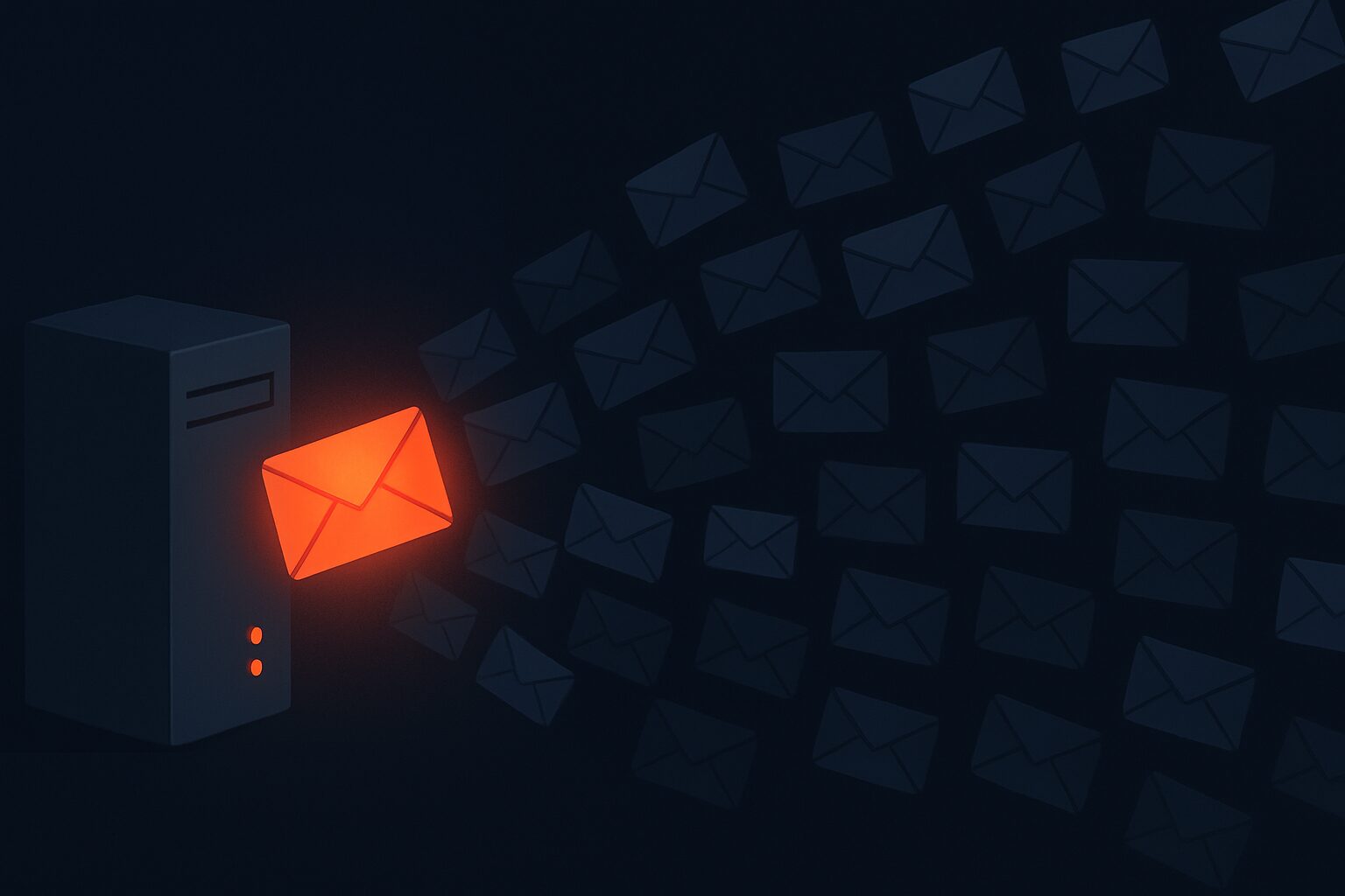 A server streaming a flood of identical envelopes outward, one of them glowing as the malicious source.
