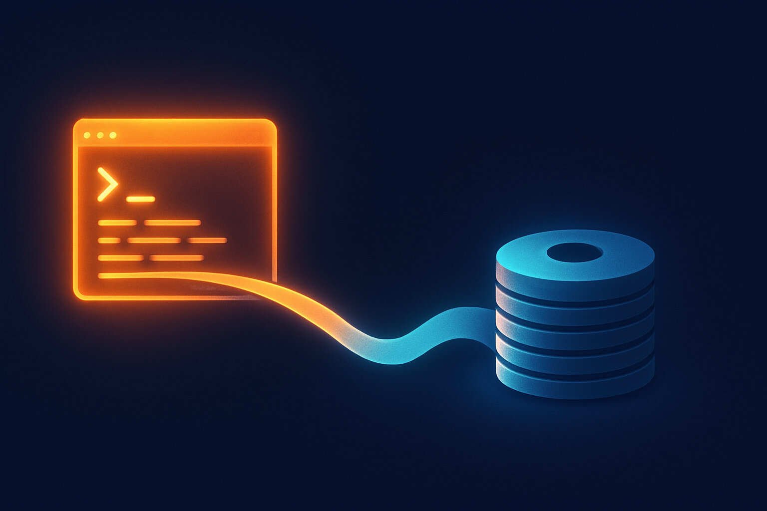 A glowing orange terminal window streaming a ribbon of light that coils into a stacked archive — a fleeting session being captured into lasting memory.