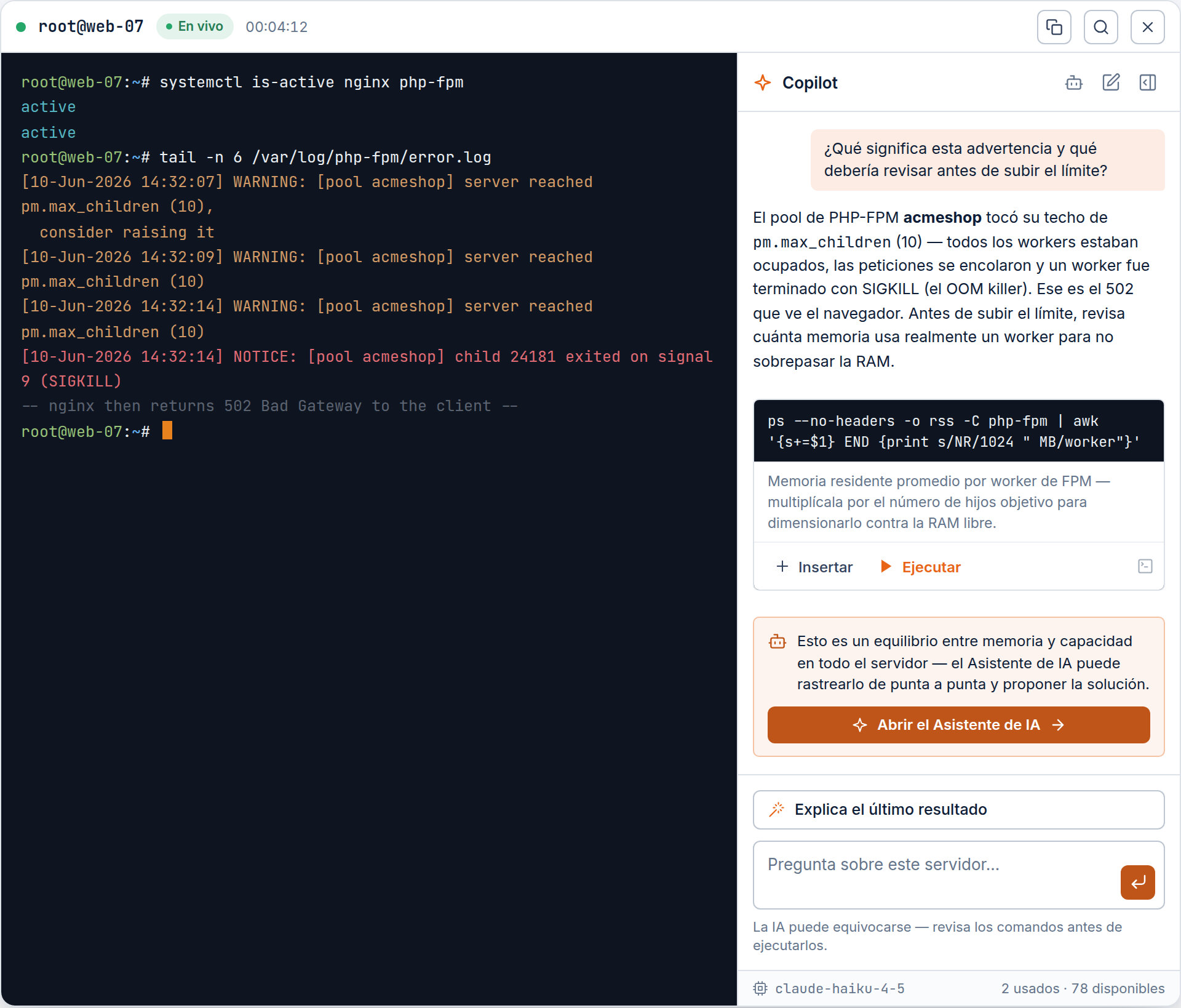 El terminal web de CentralHost con el rail del Copilot abierto al lado: a la izquierda una sesión viva con un 502/PHP-FPM, y a la derecha el copiloto explicando la advertencia de pm.max_children, ofreciendo un comando para insertar o ejecutar, y una tarjeta para escalar al Asistente de IA.