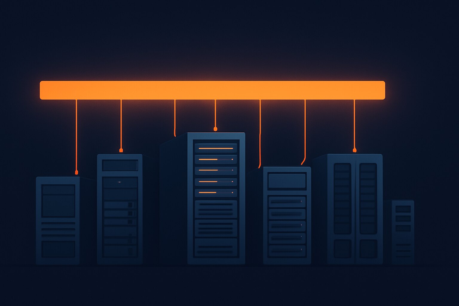 A row of mismatched server racks in cool light, each a different shape and height, all gathered together by a single horizontal plane of warm orange light spanning above them — one management layer over a mixed fleet of panels.