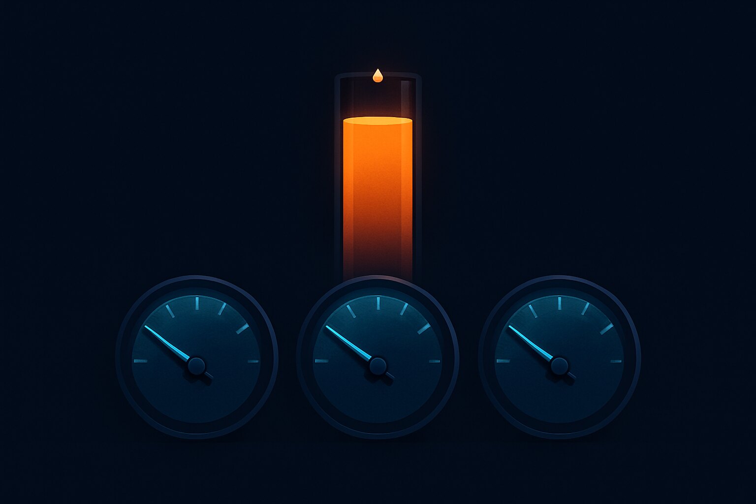 Three calm dial gauges glow green in the foreground while a hidden fourth column fills with warm orange light and trembles at the brim, about to overflow — a silent limit hitting 100% that the monitored gauges never reveal.
